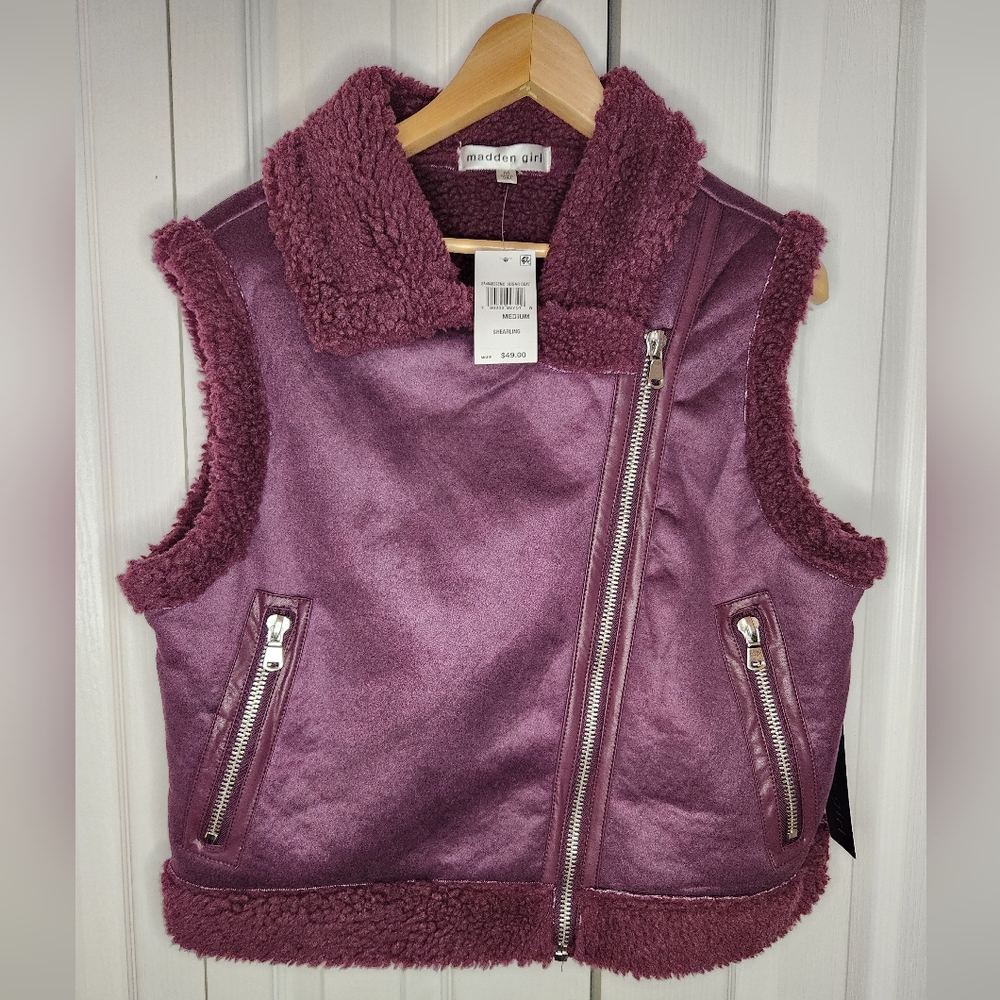 NWT Madden Girl Faux Shearling Moto Vest - Plum, Sugar Beat, Size Medium - Picture 2 of 7